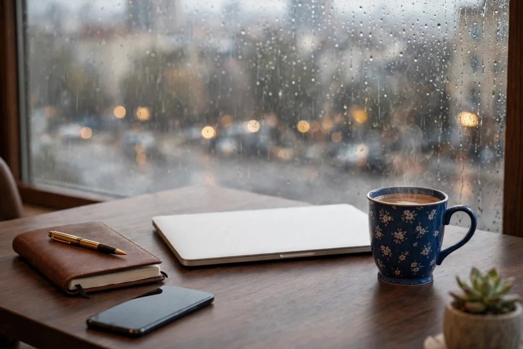 cozy rainy workspace