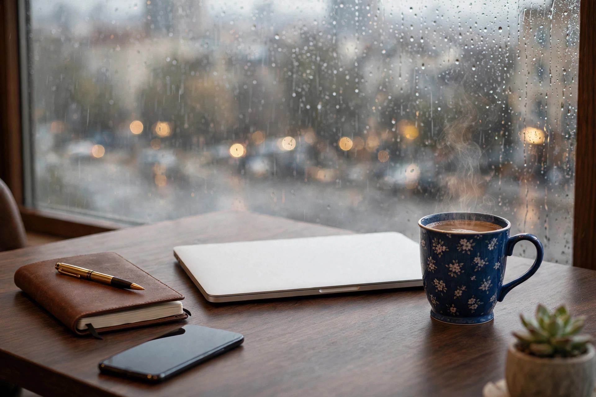 cozy rainy workspace