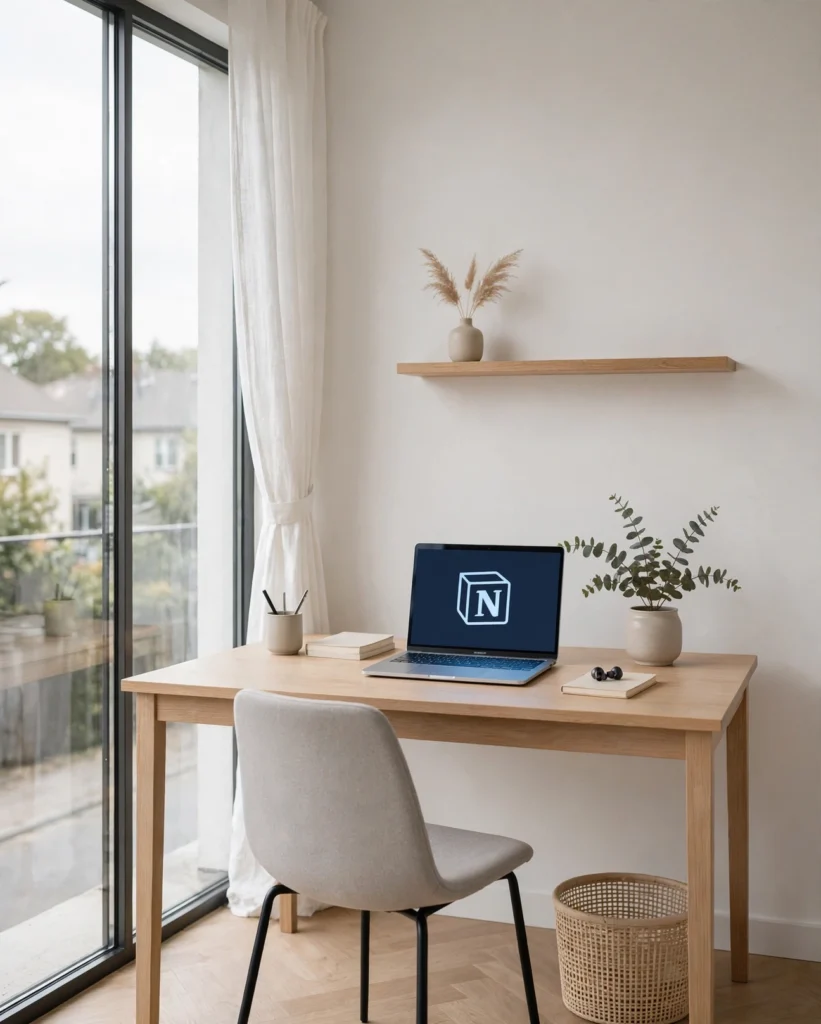 oficina minimalista, con laptop
